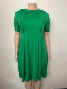 Plus Size Women Ruffle Edge Solid Dress - The Little Connection Spring Dress With Ruffles And Peter Pan Collar, Summer Dresses With Ruffles And Peter Pan Collar, Spring Dress With Peter Pan Collar And Ruffles, Green Ruffled Midi Dress For Work, Green Midi Dress With Ruffles For Work, Green Ruffled Dresses For Work, Workwear Dress With Ruffled Collar, Party Dress With Ruffles And Peter Pan Collar, Elegant Green Mini Length Ruffle Dress