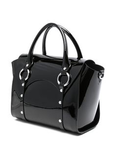 Find VIVIENNE WESTWOOD Medium Betty Tote Bag on Editorialist. The Vivienne Westwood Medium Betty Tote Bag is crafted from black patent leather. It features two rolled top handles, an adjustable detachable shoulder strap, a signature Orb plaque detail, D-ring findings, silver-tone stud embellishment, a main compartment, an internal zip-fastening pocket, an internal logo patch, unlined metal feet, silver-tone hardware, a foldover top with magnetic fastening and comes complete with a protective dust bag. This bag is a medium size and can be worn on the shoulder or hand carried. Designer Black Shoulder Bag With Glossy Finish, Designer Black Bags With Glossy Finish, Luxury Black Glossy Finish Shoulder Bag, Luxury Black Patent Leather Shoulder Bag, Luxury Black Patent Leather Bag, Black Patent Leather Shoulder Bag With Glossy Finish, Elegant Black Shoulder Bag With Glossy Finish, Formal Black Patent Leather Bag, Elegant Black Glossy Shoulder Bag