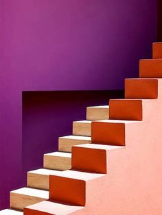 an orange cat sitting on top of a set of stairs next to a purple wall