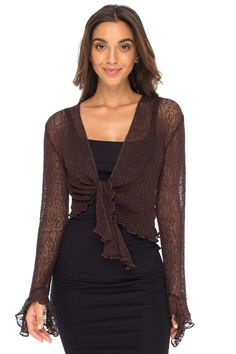 Tie-front design makes this beige sheer shrug bolero knit cardigan a quick and easy layer any time of day; lightweight summer shrug gives perfect, pretty coverage for upper arms or low-cut dresses Light Sheer Shrug, Bolero Sweater, Low Cut Dresses, Shrug Cardigan, Sheer Shorts, Short Cardigan, Sweater Fits, Cardigan Outfits, Time Of Day