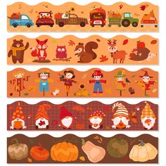 three rows of thanksgiving themed banners with cartoon animals, pumpkins and other fall decorations