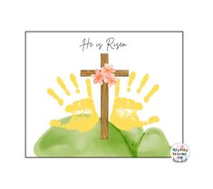 a cross with pink flowers on it and the words he is risen written in yellow