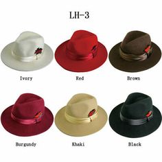 Material: 100% Wool. Colors Black, Burgundy, Red, Brown, Ivory, Tan. Satin /Feather Design. Satin band. Retro Hats For Fall, Retro Fedora Hat For Fall, Vintage Red Hat For Fall, Classic Red Felt Hat For Fall, Casual Red Panama Hat With Short Brim, Red Short Brim Hat For Fall, Red Winter Fedora With Short Brim, Classic Burgundy Hats For Fall, Burgundy Winter Fedora With Short Brim