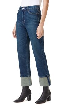 Wide cuffs highlight the straight-leg silhouette of these high-rise, ankle-cropped jeans made from low-stretch denim with a lived-in look. 28" inseam; 16" leg opening; 11 1/2" front rise Zip fly with button closure Five-pocket style 69% cotton, 30% Tencel® lyocell, 1% spandex Tencel lyocell is a more-sustainably produced fiber made with closed-loop processing Machine wash, tumble dry Imported Wide Cuff, Cropped Jeans, Stretch Denim, Straight Leg Jeans, Leg Jeans, Top Brands, Straight Leg, High Rise, Nordstrom