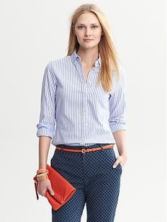 Great shirt for layering - Striped Button-Down Shirt | Banana Republic Casual Workwear Blouse With Striped Collar, Fall Button-up Shirt With Striped Collar, Spring Button-up Dress Shirt With Button Cuffs, Spring Business Casual Shirt With Striped Collar, Casual Office Dress Shirt With Placket, Casual Dress Shirt With Placket For Office, Casual Dress Shirt With Buttons For Office, Casual Blouse With Spread Collar For Business Casual, Spring Workwear Dress Shirt With Striped Collar