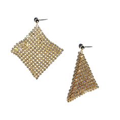 Elevate your style with these stunning crystal mesh earrings! Perfect for any occasion, they feature a modern twist with a ball post and sparkling crystal accents. Channel your inner diva and make a statement! gold plated brass with glass rhinestones Trendy Sparkling Metal Earrings, Glamorous Gold Evening Earrings, Chic Gold Crystal Earrings For Formal Occasions, Chic Gold Crystal Earrings For Evening, Modern Gold Earrings With Sparkling Stones, Trendy Gold Bling Earrings, Glamorous Pierced Crystal Earrings For Evening, Modern Sparkling Gold Jewelry, Gold-tone Crystal Earrings For Party