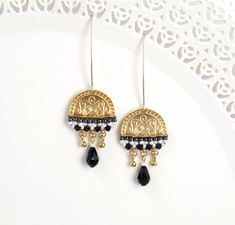 "These Boho gold earrings are long, dainty, dangly, and delicate, perfect as an elegant fashionable statement! Made by hand, from gold plated castings, Swarovski 3mm beads, Swarovski drop, Miyuki round seed beads, and goldfilled 14k ear-wire Wear these Statement beaded earrings with your hair up or down, with a casual boho flowy maxi dress or with a sophisticated modern evening outfit. They will always help you shine and dazzle. Measurements: Earring length: 2.75\" (7cm) Earring width: 0.78\" (2 Gold Beaded Drop Earrings, Gold Beads Brass Dangle Earrings, Brass Dangle Earrings With Gold Beads, Gold Beaded Dangle Earrings For Festive Occasions, Gold Dangling Bead Drop Earrings, Gold Drop Earrings With Dangling Beads, Bohemian Gold Danglers For Parties, Gold Bohemian Party Danglers, Festive Gold Beaded Danglers