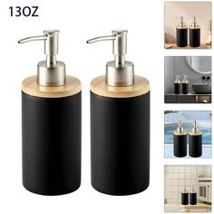 two black soap dispensers sitting next to each other