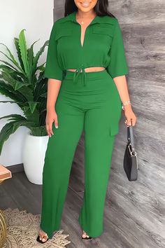 Green Casual Solid Bandage Patchwork Turndown Collar Half Sleeve Two Pieces Two Pieces Set Outfits, Pants And Top, Shirt Collar Styles, 2piece Outfits, Half Sleeve Blouse, Two Piece Pants Set, Half Sleeve Tops, Drawstring Top, Classy Casual Outfits