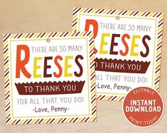 two thank cards with the words reese and reese's written in red on them