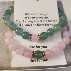 "Matching set of gemstone bracelets for couples, friends, or family Remind yourself of the special relationships you have with those that you adore with these couples/distance bracelets. Each set comes in a complimentary gift box with a note that reads: \"Wherever we go, Whatever we do, You'll always be there for me I'll always be there for you. One for you One for me\" Perfect for gift giving ; Christmas, Valentine's day, Birthday, long distance relationships or just friendships Bracelets are made with high quality, AAA grade genuine natural semi-precious 8mm gemstones and include a magnetic clasp to attach to one another.  (Your choice of silver or gold settings) Our bracelets are made with heavy duty 1mm elastic crystal string to ensure quality and strength. Available in several sizes, Bf Bracelet Ideas, Green And Pink Bracelet, Spiritual Aventurine Bracelets As Gift, Spiritual Aventurine Crystal Bracelet As Gift, Friendship Gemstone Beaded Bracelets, Friendship Beaded Bracelets With Gemstone Beads, Spiritual Friendship Bracelet For Mother's Day, Rose Quartz Gemstone Beaded Bracelets As Gift, Aventurine Gemstone Crystal Bracelet Gift