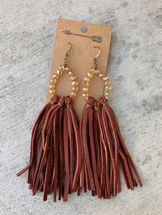 Brown Fringe Dangle Jewelry, Elegant Leather Fringe Jewelry, Brown Dangle Tassel Earrings With Fringe, Brown Fringe Dangle Tassel Earrings, Brown Fringe Tassel Dangle Earrings, Staple Earrings, Fringe Jewelry, Chunky Jewelry, Holiday Earring