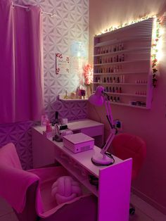 a room with a desk, chair and shelves filled with cosmetics on the wall next to it