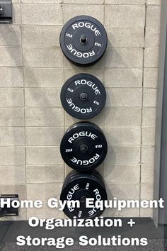 the gym equipment organization and storage solution for home gym equipment is displayed on a wall