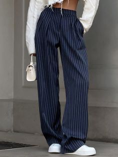 High Waisted Wide Pants Buttoned Striped Pants Trousers NAVY BLUE-M Drape Pants, Jeans Overall, Striped Wide Leg Pants, Business Casual Outfits For Women, Wide Leg Dress Pants, Casual Wide Leg Pants, Womens Business Casual, Maxi Robes, Pantalon Large