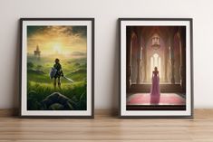 two framed art prints depicting the legend of zelda and princess zelda in front of a castle