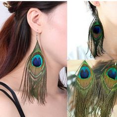 the woman is wearing earrings with peacock feathers on it's back and long, feathery tail