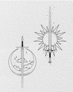 a drawing of two swords in front of a sun