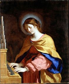 a painting of a woman playing the piano with an orange and blue cloak over her shoulders