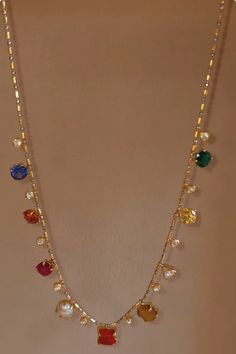 Simple Navaratna Necklace, Small Sets Jewellery Gold, Navratna Necklace, Navratan Necklace, Navaratna Jewellery, Mint Jewelry, Italian Chain