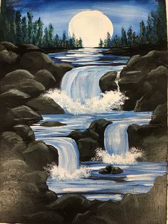 an acrylic painting of a waterfall with trees and the moon in the background