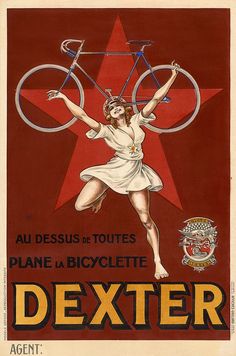 an advertisement for the bicycle company dexter, with a woman holding a bike on her shoulders