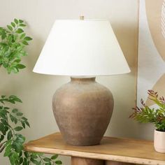 a lamp sitting on top of a wooden table next to a potted green plant