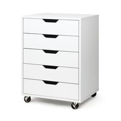 a white dresser with four drawers on casteors and three black handles, against a white background