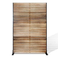 a wooden slatted screen with black metal frame and wood slats on it