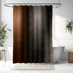 a bathroom with a black and brown shower curtain next to a white bathtub in front of a window