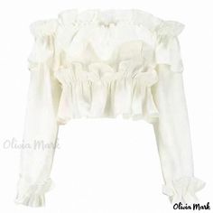 Olivia Mark - Shoulder-Length Long-Sleeve White Blouse with Ruffle Neckline Design White Long Sleeve Blouse, Neckline Designs, White Blouse, Shoulder Length, Flared Sleeves, White Long Sleeve, Types Of Collars, Workout Clothes, Types Of Sleeves