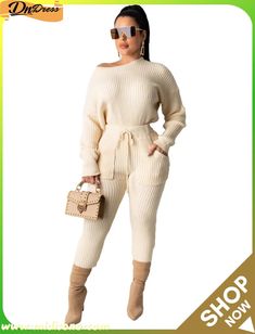 Winter Casual Ribbed Shirt and Pants Set Casual Ribbed Sets For Fall, Casual Cream Sets For Fall, Shirt And Pants Set, Fashion Office, Ribbed Shirt, Jumpsuit Shorts Rompers, Off Shoulder Top, Classy Women, Pocket Pants