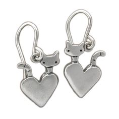 Adorable kitty style!  These little silver earrings match my little charm and charm necklaces.  Tiny sterling silver charms dangle from sterling silver French ear wires. Silver Heart-shaped Cat Design Jewelry, Sterling Silver Cat Design Earrings For Gift, Whimsical Sterling Silver Hypoallergenic Jewelry, Sterling Silver Charm Earrings As Gift, Sterling Silver Earrings With Charms For Gifts, Kitty Style, Pocket Cat, Sterling Silver Cat, Sterling Silver Charms