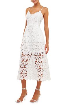 Floral lace embroidery beautifully covers the fit-and-flare silhouette of a sleeveless midi dress with scalloped trim and hidden pockets at the sides. 100% polyester Hand wash, dry flat Imported A-line Midi Dress With Scalloped Lace, Spring Lace Midi Dress With Lace Bodice, Spring Midi Lace Dress With Lace Bodice, A-line Lace Midi Dress With Scalloped Lace, Spring Lace Bodice Midi Dress, Summer Fit And Flare Lace Dress With Lace Trim, Summer Fit And Flare Lace Dress, Summer A-line Lace Dress With Lace Bodice, Spring Midi Dress With Lace Bodice And Knee-length