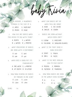 a baby shower game with greenery on the top and words above it in black ink