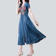 Take your wardrobe to the next level with this urban-style chest embroidery denim dress from our 2023 Spring-Summer Collection. This fit and flare dress is sure to turn heads with its bold and city design. complete with a buttoned closure.Why You'll Love It: Show-Stopping Embroidery: This dress is sure to make you stand out with its intricate chest embroidery. Street-Style Vibes: An effortlessly cool look that will make you look chic without compromising on ease. Fit and Flare Look: The dress is Denim Dress Street Style, Style Denim Dress, Dress Street Style, Denim Dresses Online, Embroidery Denim, Womens Denim Dress, Classic American Style, Street Trends, City Design