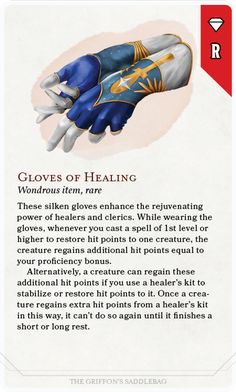 a card with an image of a hand that says gloves of healing, and the caption above it