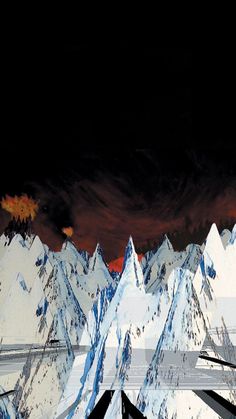 an abstract painting of mountains with snow on them and the sun rising in the distance