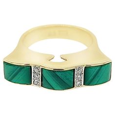 14 Karat Yellow Gold Ring Featuring 3 Malachite Inlays Accented By 6 Single Cut Diamonds of VS Clarity and H Color. Current Finger Size 8; Purchase Includes One Sizing Service Prior to Shipping Upon Request. Finished Weight Is 10 Grams. Yellow Gold Ring, Yellow Gold Rings, Gold Ring, Fashion Rings, Diamond Cuts, Gold Rings, Jewelry Rings, Yellow Gold, Yellow