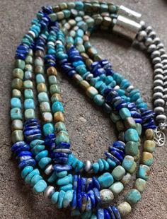 Sterling Silver Multi Strand Blue Green Turquoise Lapis Bead Necklace. 26 inch Blue Single Strand Necklace With Oval Beads, Southwestern Multi-strand Turquoise Beads, Blue Turquoise Necklace With Round Beads, Blue Necklace With Hand-strung Oval Beads, Blue Oval Beads Single Strand, Blue Artisan Necklace With Large Beads, Southwestern Blue Beaded Necklaces For Gift, Artisan Blue Necklace With Large Beads, Artisan Blue Jewelry With Large Beads