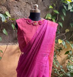 Handloom kota silk saree with hand embroidered self sleeve blouse / collar blouse USA / saree with blouse set / embroidered blouse/ sarees USA / Kota jamdhani silk saree Here is a beautiful handloom Kota silk saree dyed in magenta pink color and contrast orangish jamdhani Pallu as shown !! This saree is paired with hand embroidered modern unique collar with self sleeve designer blouse as shown !! Ready to ship in USA!! Fall /pico done !! . Saree Comes with stitched hand embroidered blouse . Blou Pink Blouse Piece With Dori Work For Transitional Season, Pink Dola Silk Blouse Piece For Transitional Season, Transitional Pink Blouse Piece With Dori Work, Transitional Pink Dola Silk Blouse Piece, Pink Embroidered Cotton Silk Pre-draped Saree, Pink Chanderi Blouse With Zari Work, Designer Embroidered Cotton Silk Pre-draped Saree, Traditional Chanderi Blouse With Zari Work, Resham Embroidered Dola Silk Blouse For Saree