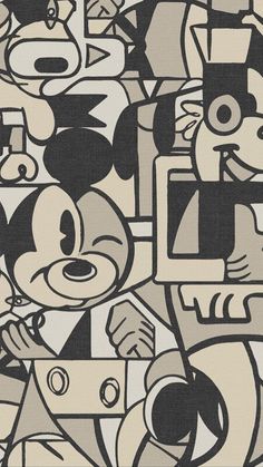 an image of mickey mouse wallpaper in black and white colors with cartoon characters on it