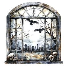 a drawing of a gothic window with skulls and bats in the foreground, on a white background