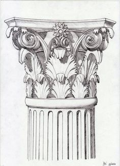 a drawing of a column with flowers and leaves on the top, in black and white