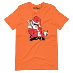 an orange t - shirt with a cartoon santa clause holding a beer in his hand