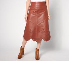 Wear it now, wear it forever. This leather midi with a sweetly scalloped hem is a total statement piece that pairs beautifully with cozy sweaters, silky blouses, blazers, you  name it. From American Leather Co. Leather Midi Skirt, Rayon Pants, Silky Blouse, Petite Skirt, American Leather, Jelly Shoes, Scalloped Hem, Wide Waistband, Cozy Sweaters