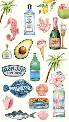 watercolor painting of different types of food and drinks on white paper with palm trees