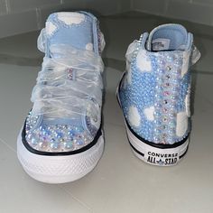 Custom Converse Designed With Ab Clear Sky Pearls, Ab White Pearls, And Ab Clear Rhinestones! Shoe Is Topped Off With Beautiful White Laces! Only Pair Available! Order Today For Next Day Shipping!! Bling Converse Toddler, Bedded Converse, Baby Blue Converse, Mickey Shoes, Quinceanera Shoes, Converse All Star Pink, Converse Design, Converse All Star Ox, Teal Shoes