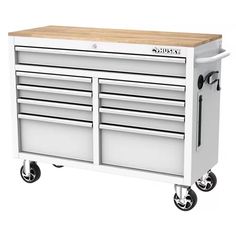 a white tool cabinet with drawers on wheels