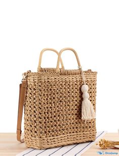 OrcaJump - Womens Shoulder Bag Top Handle Straw Bag Polyester Cotton Solid Color Daily Outing Camel Beige Light Brown Shoulder Bag With Handles For Shopping, Light Brown Woven Bags For Daily Use, Daily Use Light Brown Woven Bag, Travel-friendly Woven Light Brown Shoulder Bag, Travel Light Brown Woven Shoulder Bag, Light Brown Woven Shoulder Bag For Travel, Light Brown Rectangular Hobo Bag For Travel, Light Brown Woven Shoulder Bag, Light Brown Rectangular Shopping Bag